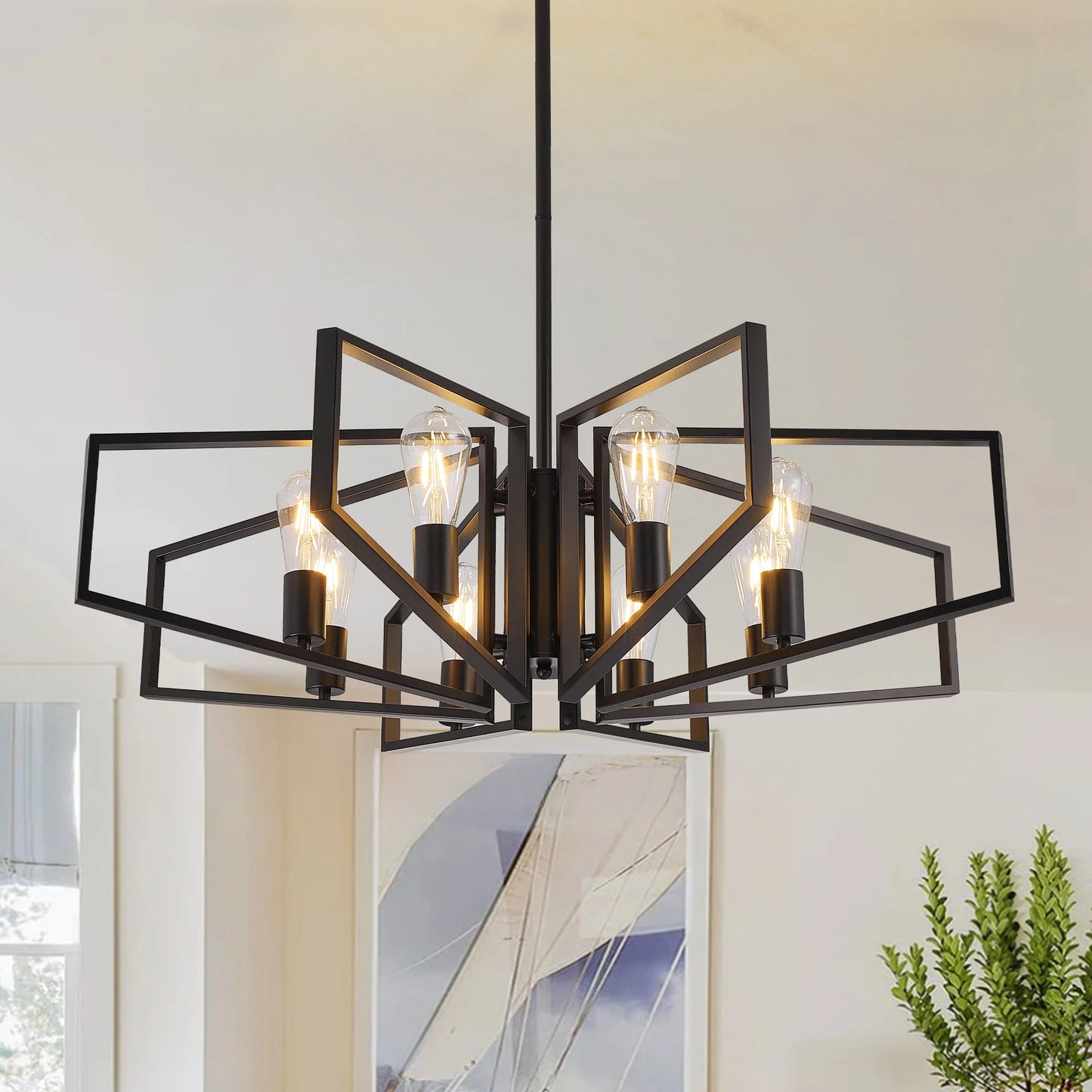 Geometric Eight Lamp Chandelier With Adjustable Height Pendant Light