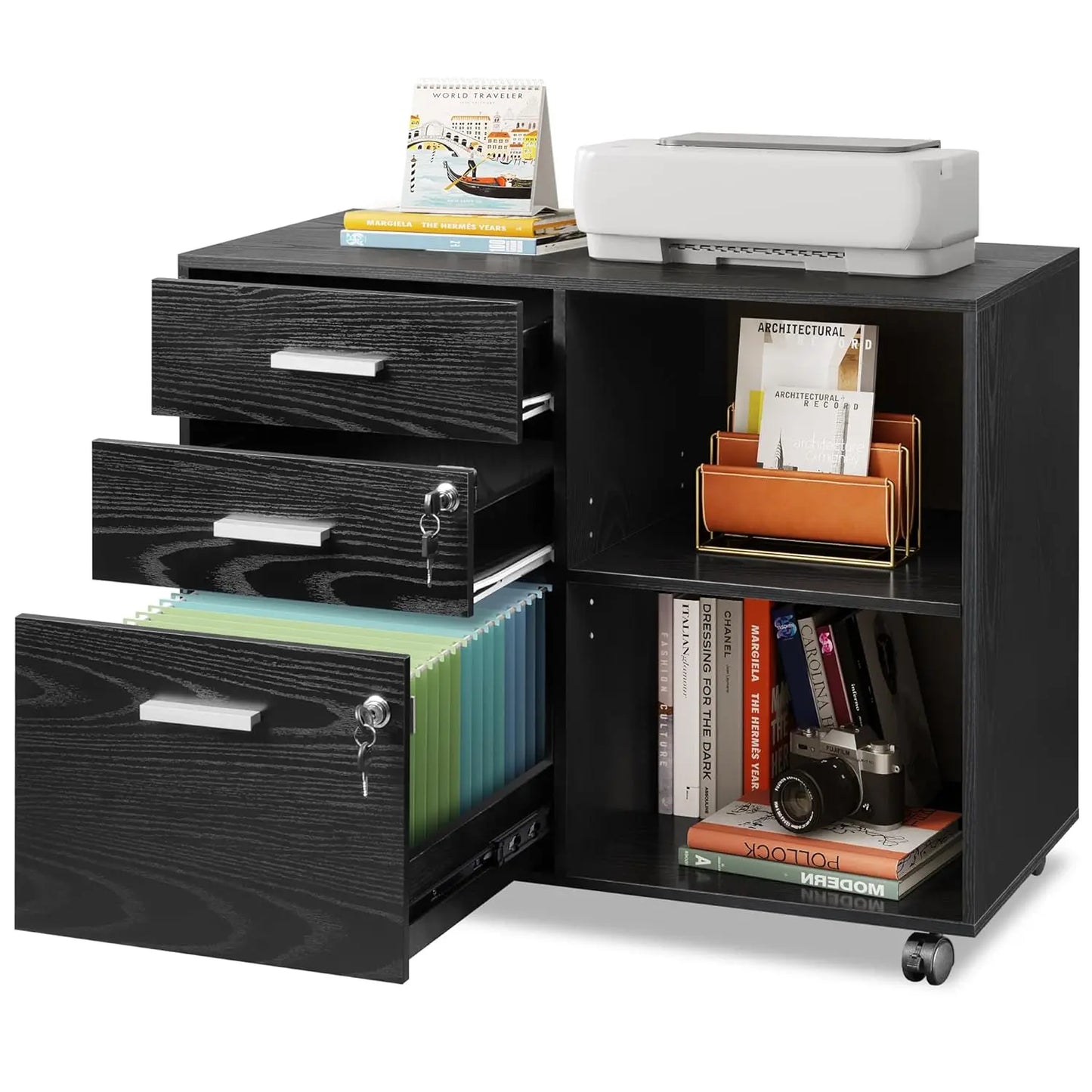 Multifunctional 3-Drawer File Cabinet With Lock And Rollers