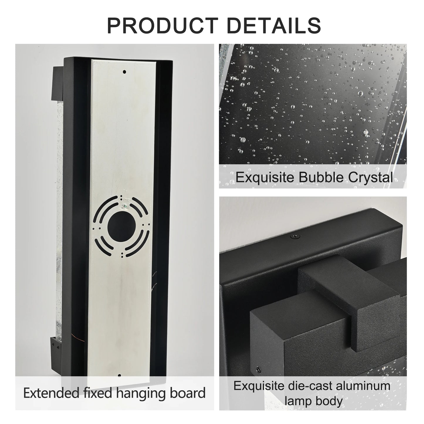 Black Large Aluminum Finish Outdoor Wall Light with Bubble Crystal Glass, LED Light Source, 3000K Warm Light, Weatherproof