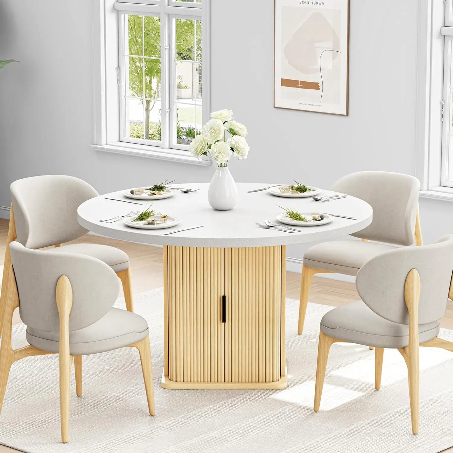 IRONCK Round Dining Table For 4 Modern Farmhouse Kitchen Storage