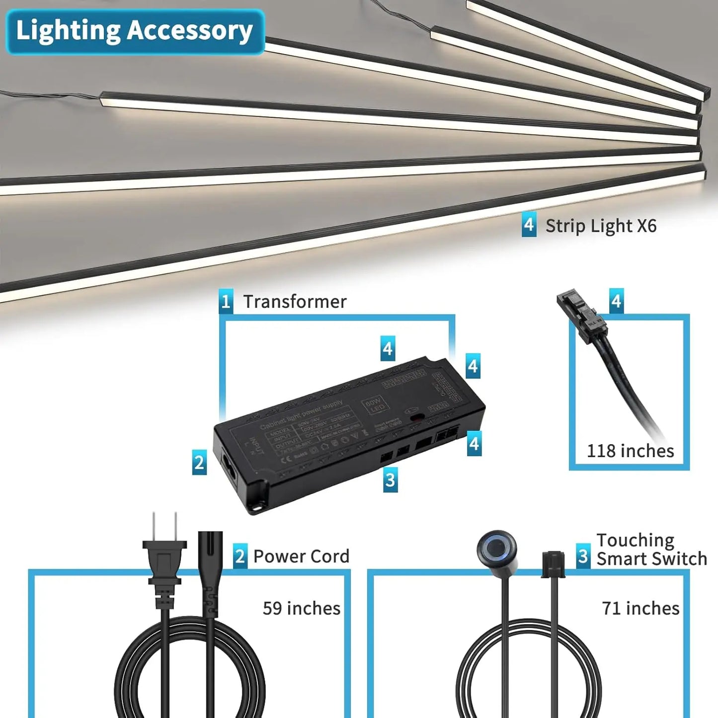 6-Pack Self-Adhesive LED Strip Lights With Touch Switch For Walls