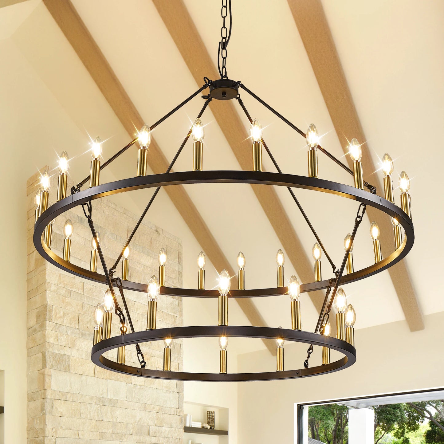 Wagon Wheel Chandelier Farmhouse Pendant Light 2 Tier 36 Lights