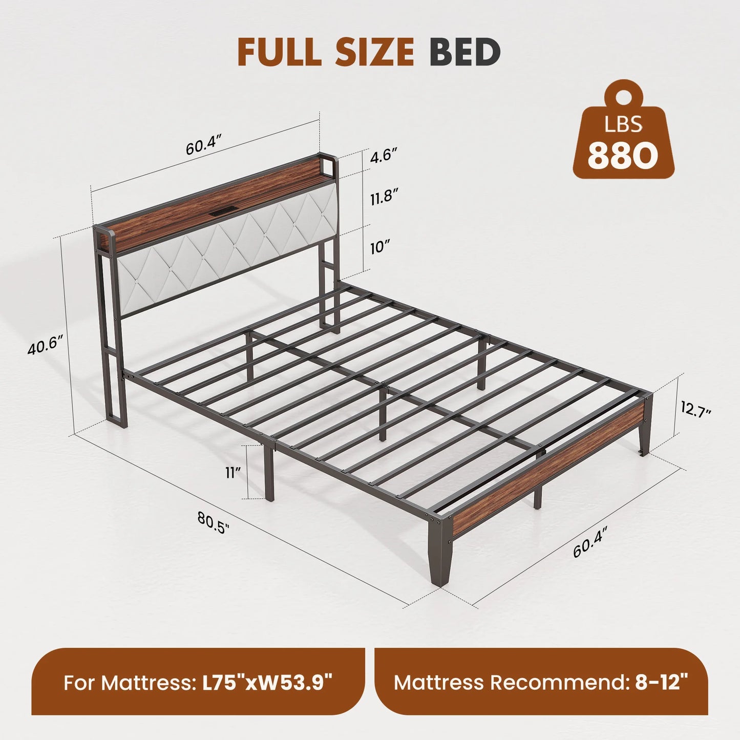 JHK Heavy Duty Metal Bed Frame With Headboard Charging Station 1100lbs Capacity