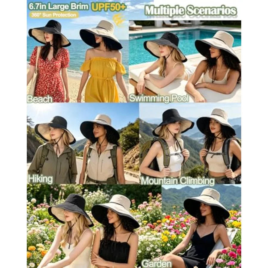 Extra Wide Brim Sun Hat Women UV Protection Reversible Packable