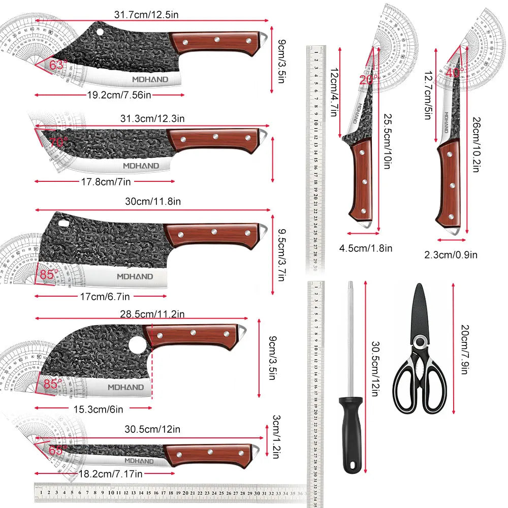 ZENG Kitchen Knives Set With Cleaver Boning Fillet Hand Forged Blade Sharpener