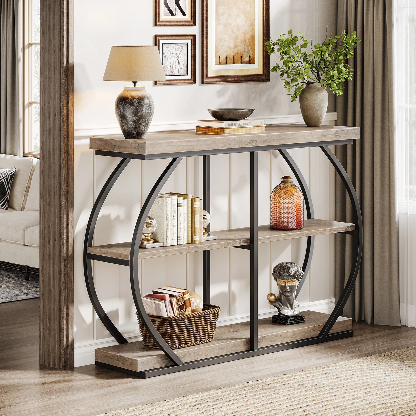 Tribesigns Three Tier Entryway Table With Arched Metal Storage Shelves