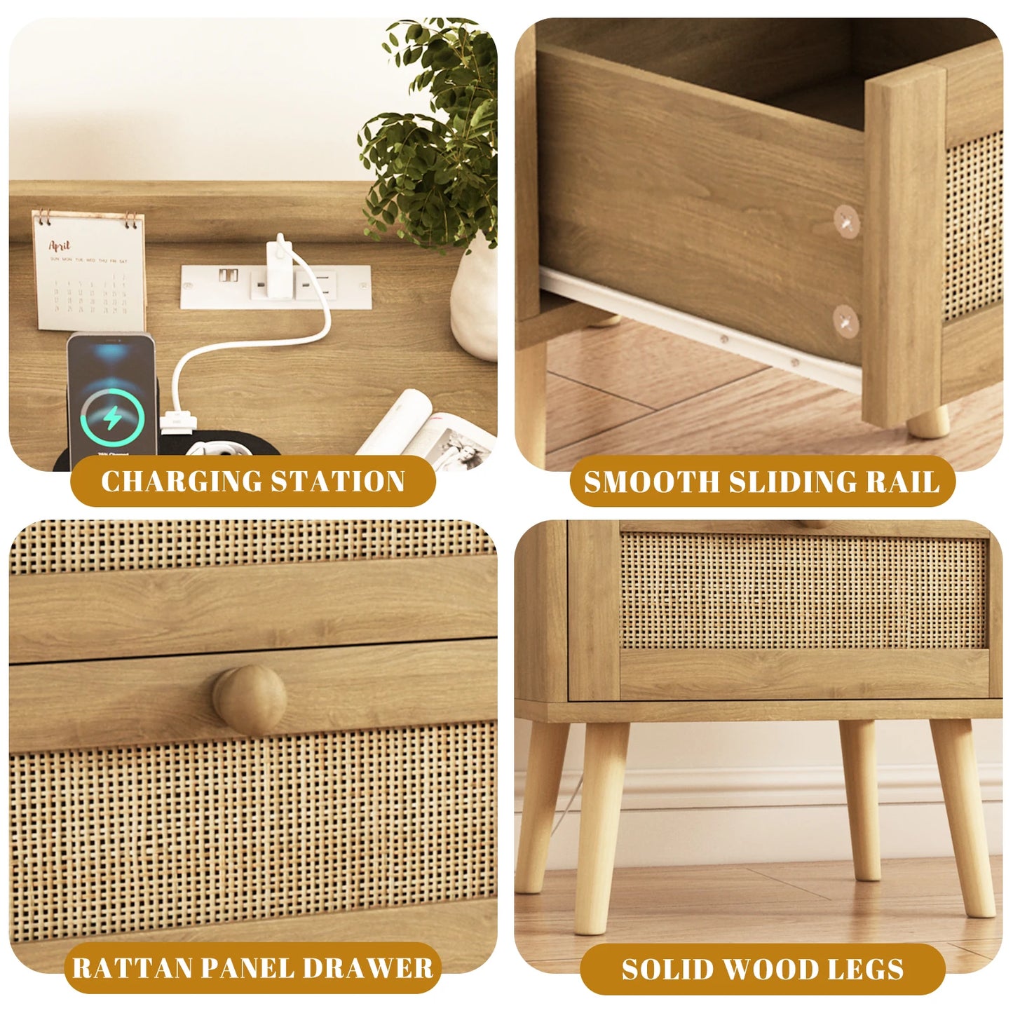 Rattan Nightstand With Charging Station Rustic Bedside Table With 2 Drawers