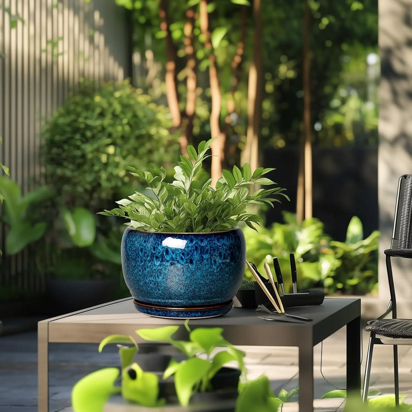 Ceramic Planter With Drainage Hole And Saucer For Indoor Outdoor