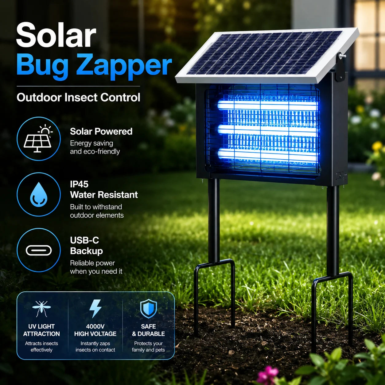 Solar Bug Zapper Outdoor IP45 Waterproof Mosquito Killer 3 Tubes