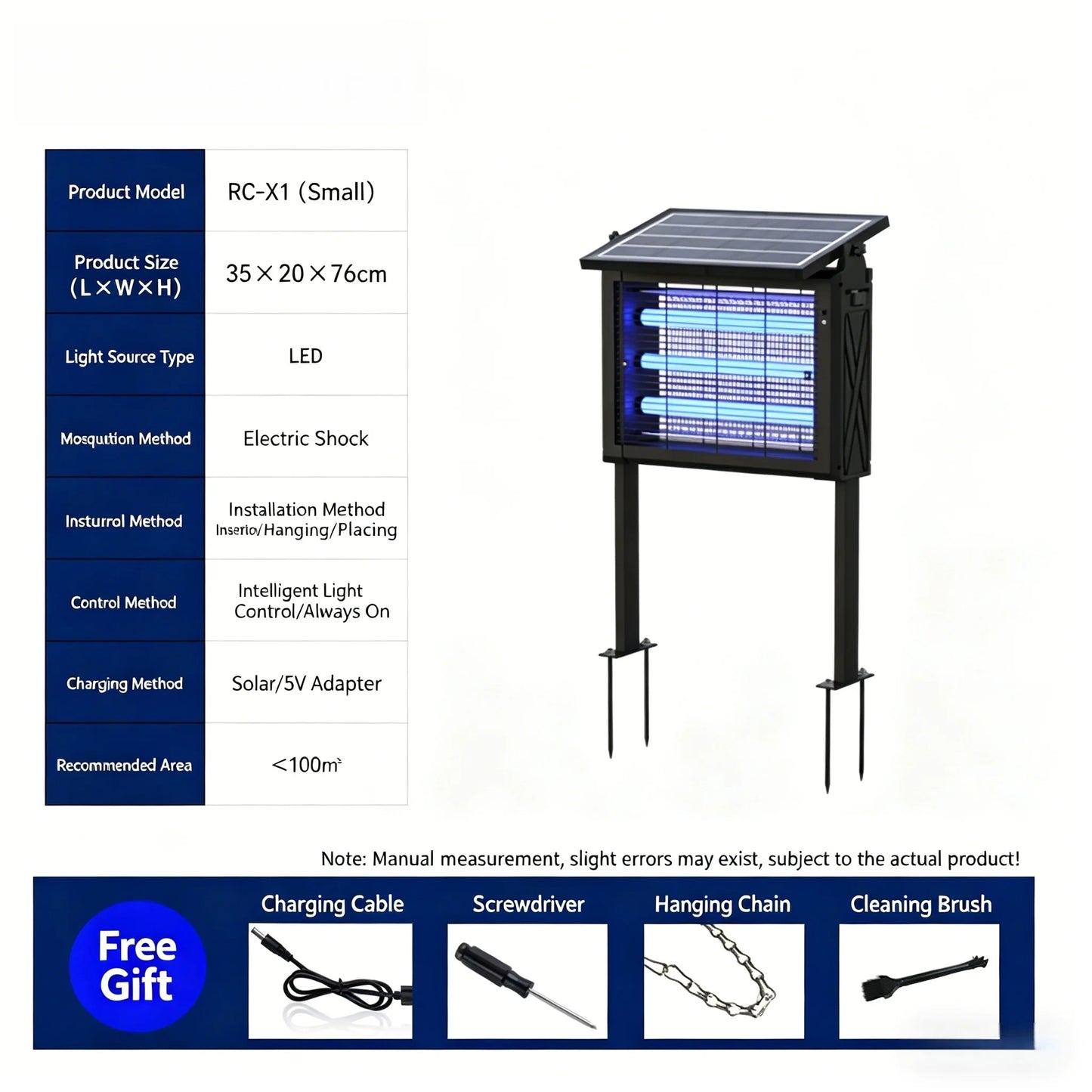 Solar Bug Zapper Outdoor IP45 Waterproof Mosquito Killer 3 Tubes