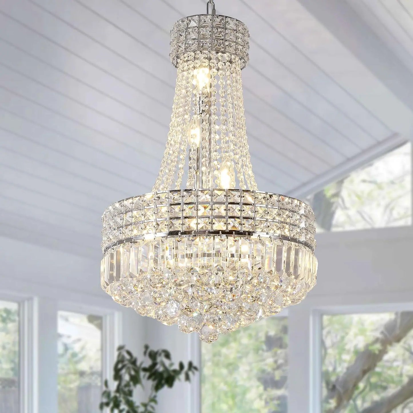 Modern Polished Crystal Round Chandelier Dimmable Pendant For Dining Room