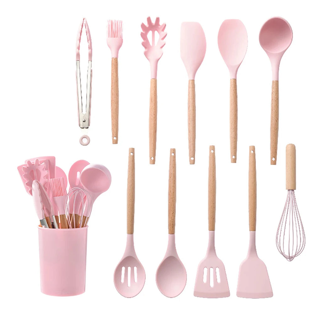 Silicone Kitchen Utensils Set With Wooden Handles Nonstick Spatulas Ladle