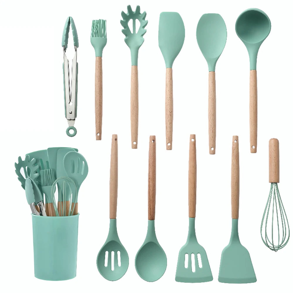Silicone Kitchen Utensils Set With Wooden Handles Nonstick Spatulas Ladle