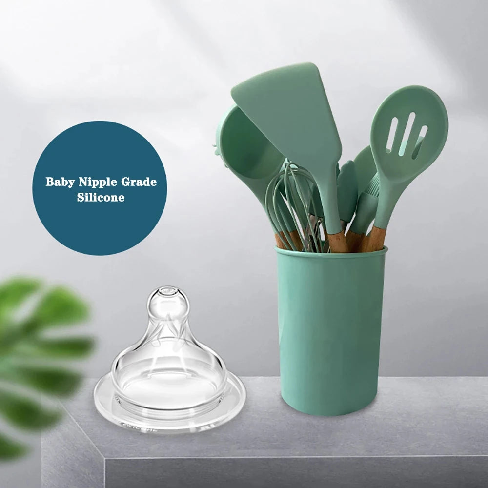 Silicone Kitchen Utensils Set With Wooden Handles Nonstick Spatulas Ladle