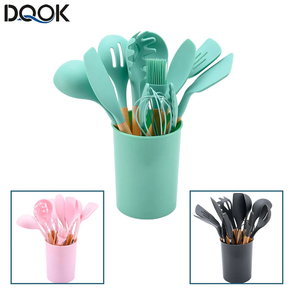 Silicone Kitchen Utensils Set With Wooden Handles Nonstick Spatulas Ladle