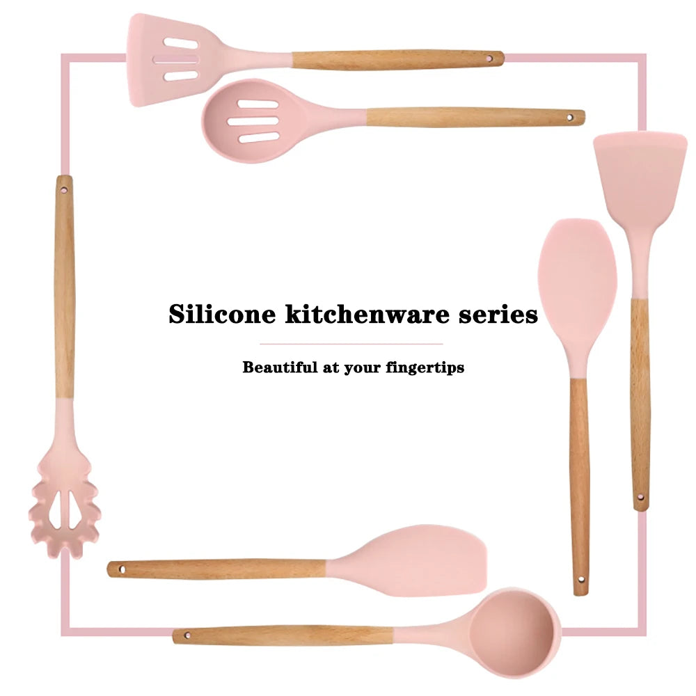 Silicone Kitchen Utensils Set With Wooden Handles Nonstick Spatulas Ladle