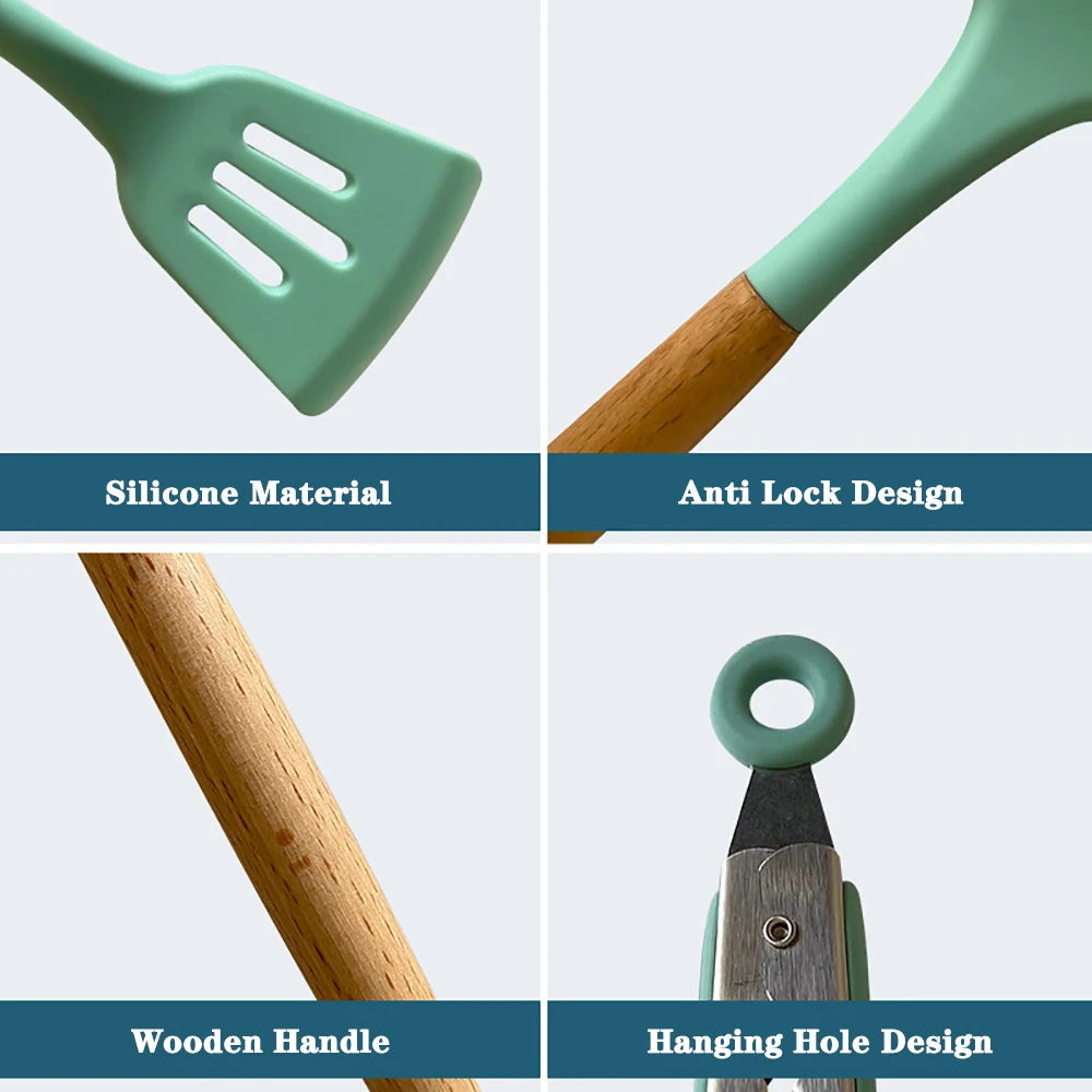 Silicone Kitchen Utensils Set With Wooden Handles Nonstick Spatulas Ladle