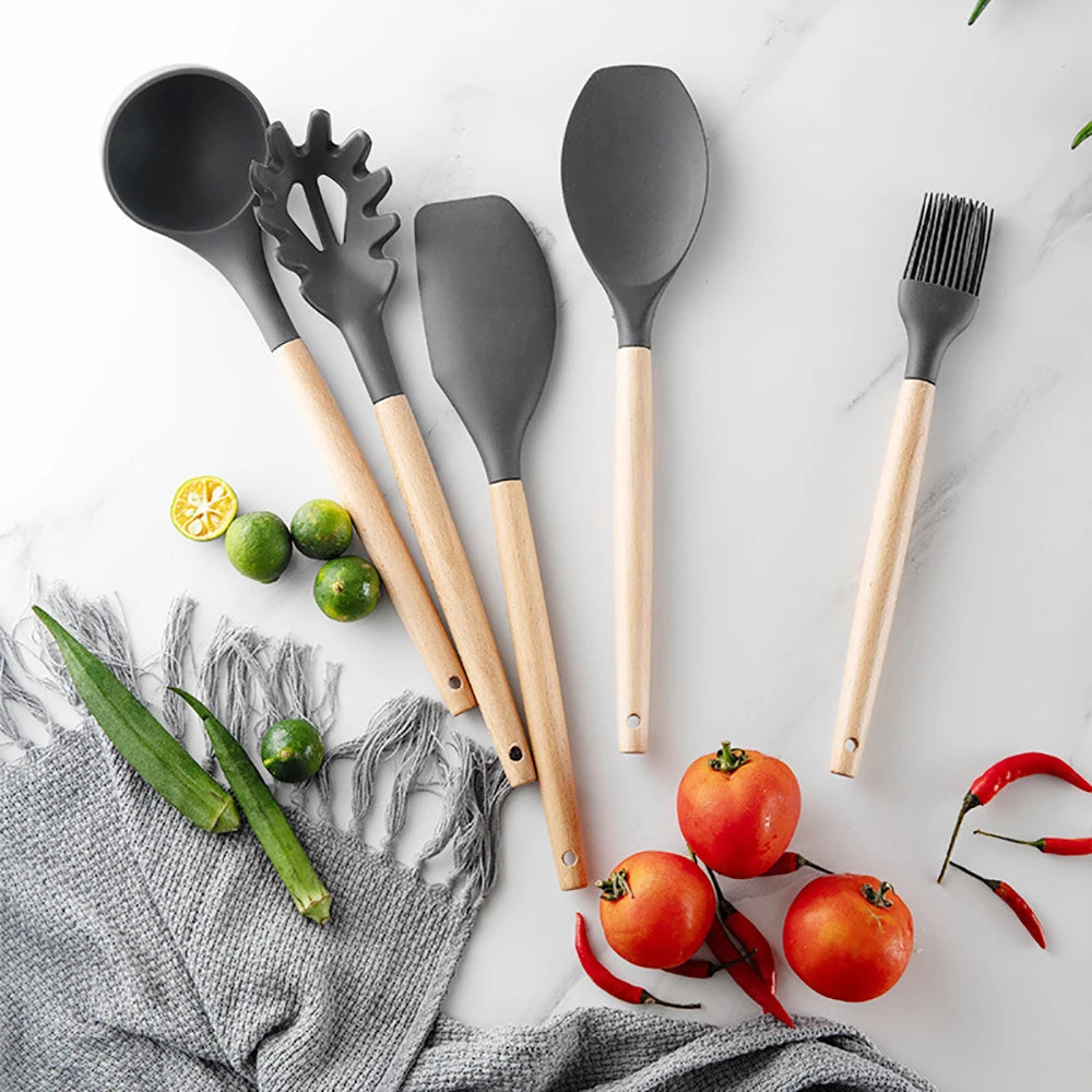 Silicone Kitchen Utensils Set With Wooden Handles Nonstick Spatulas Ladle