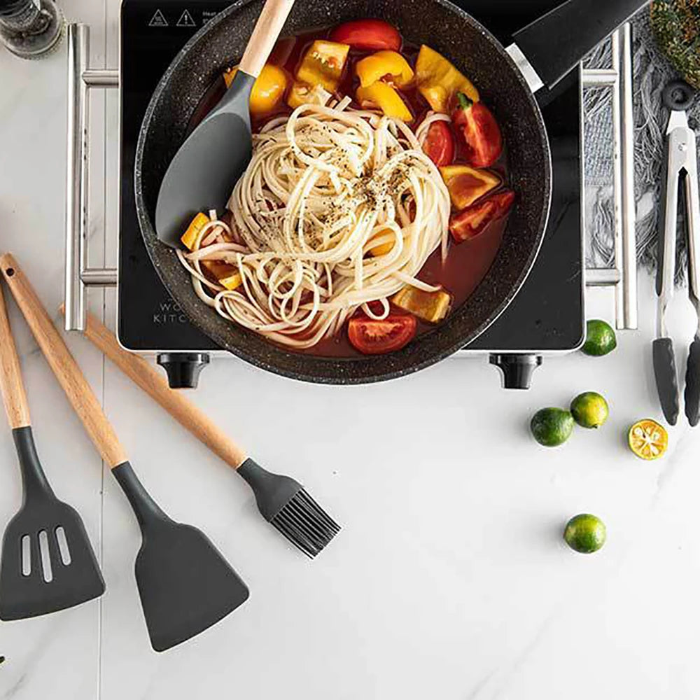 Silicone Kitchen Utensils Set With Wooden Handles Nonstick Spatulas Ladle