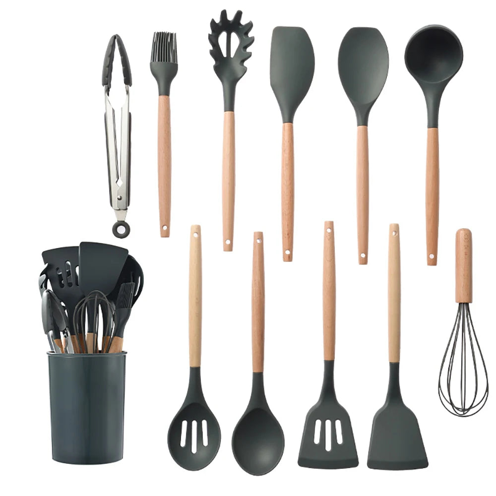 Silicone Kitchen Utensils Set With Wooden Handles Nonstick Spatulas Ladle