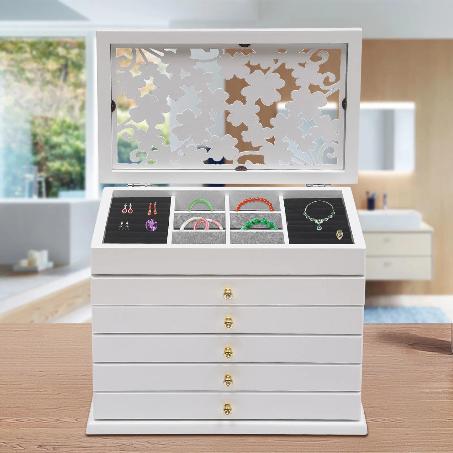 NONECN 6 Layer Wooden Jewelry Box with Drawer Organizer