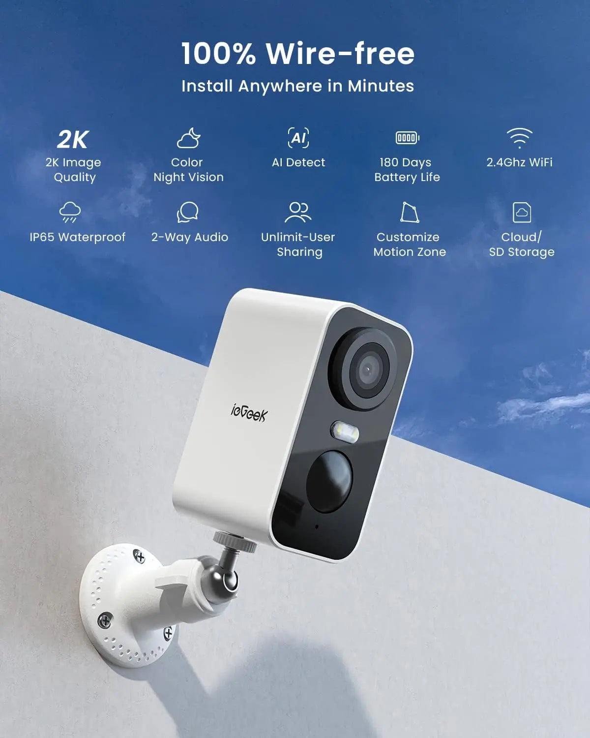 IEGEEK 2K Wireless Outdoor Security Camera With Rechargeable Battery WiFi