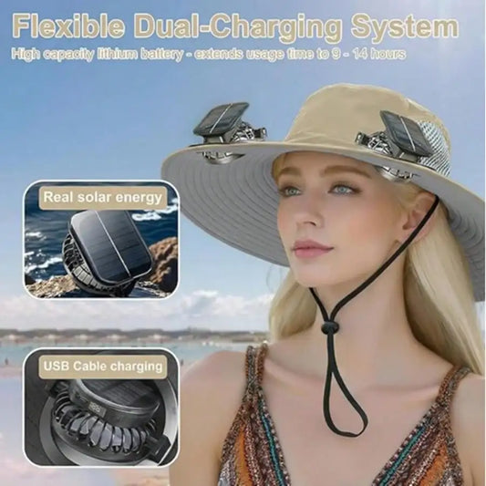 Wide Brim Solar Fan Hat With Built In Dual Fans For Outdoors
