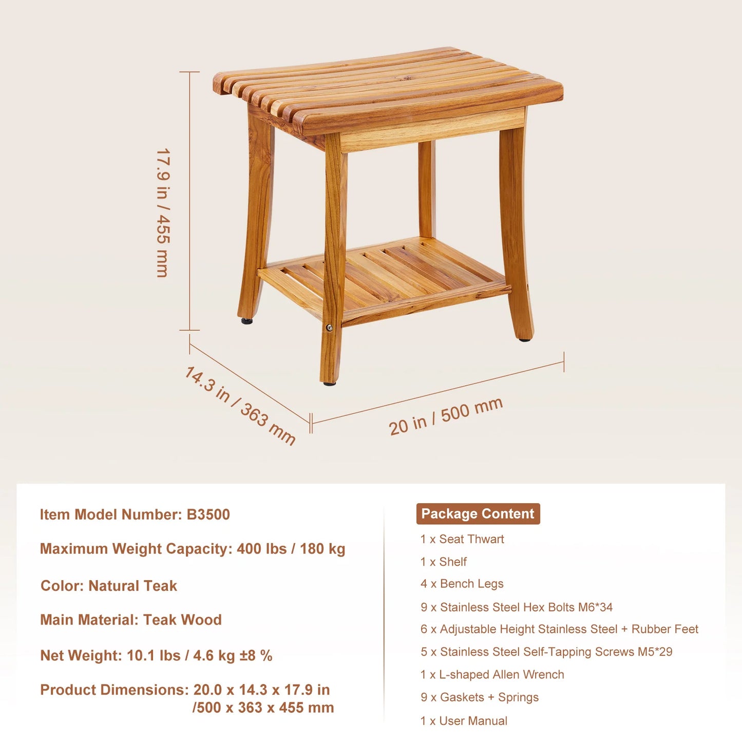 SucceBuy Bamboo Shower Bench With Storage Shelf 330 Lbs Capacity