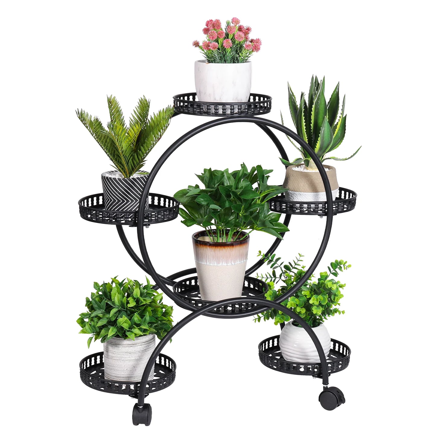 Six Pot Metal Plant Stand Garden Cart With Wheels Patio