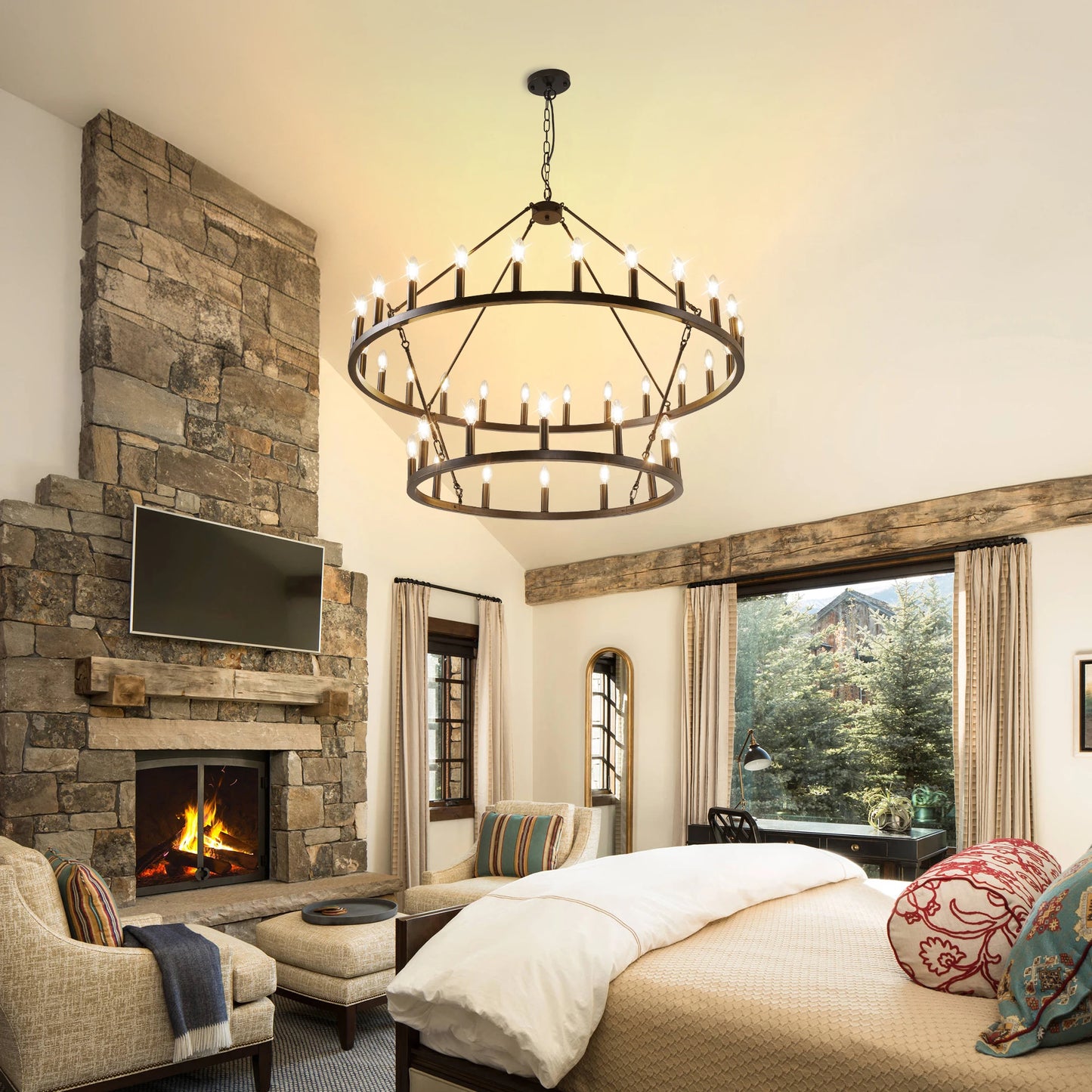 Wagon Wheel Chandelier Farmhouse Pendant Light 2 Tier 36 Lights