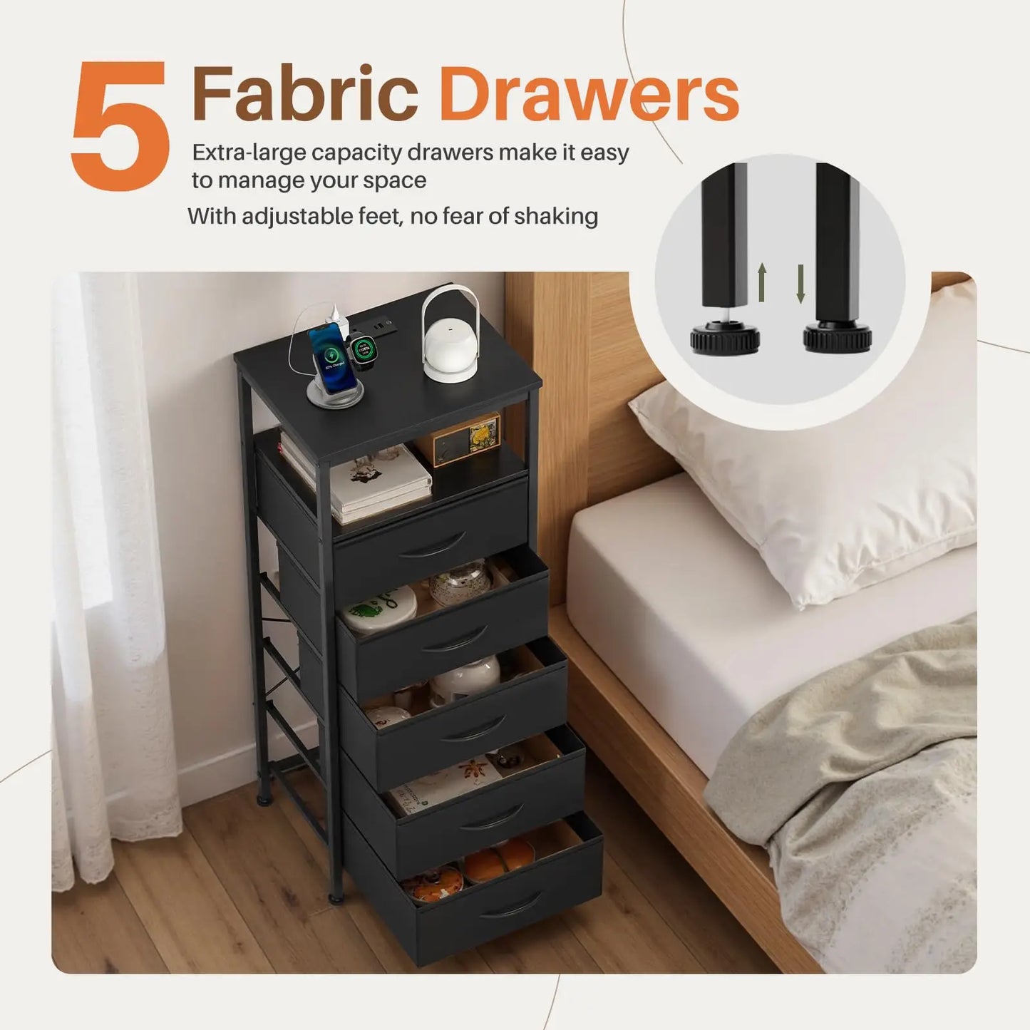 JHK 5-Drawer Dresser Nightstand With Charging Station