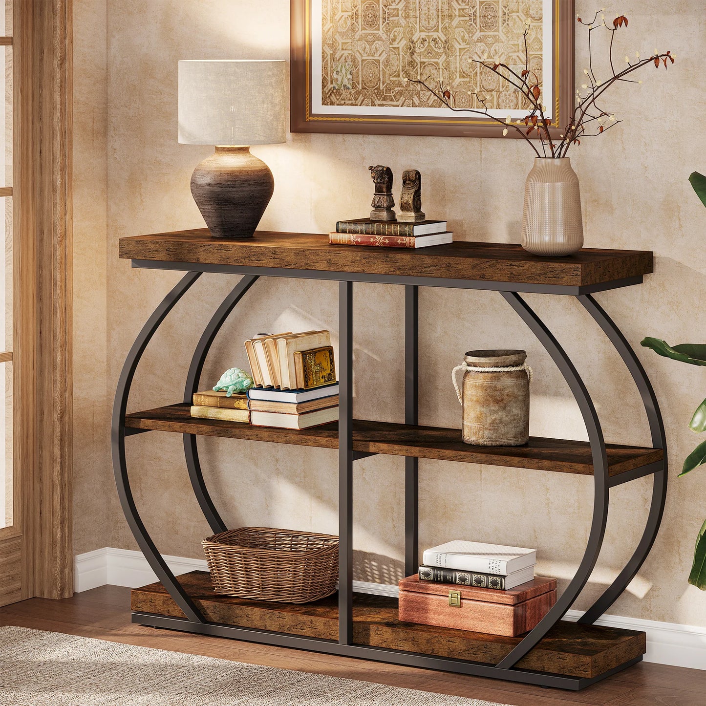 Tribesigns Three Tier Entryway Table With Arched Metal Storage Shelves