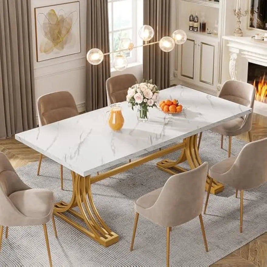 Little Tree Dining Table Faux Marble Top Metal Legs