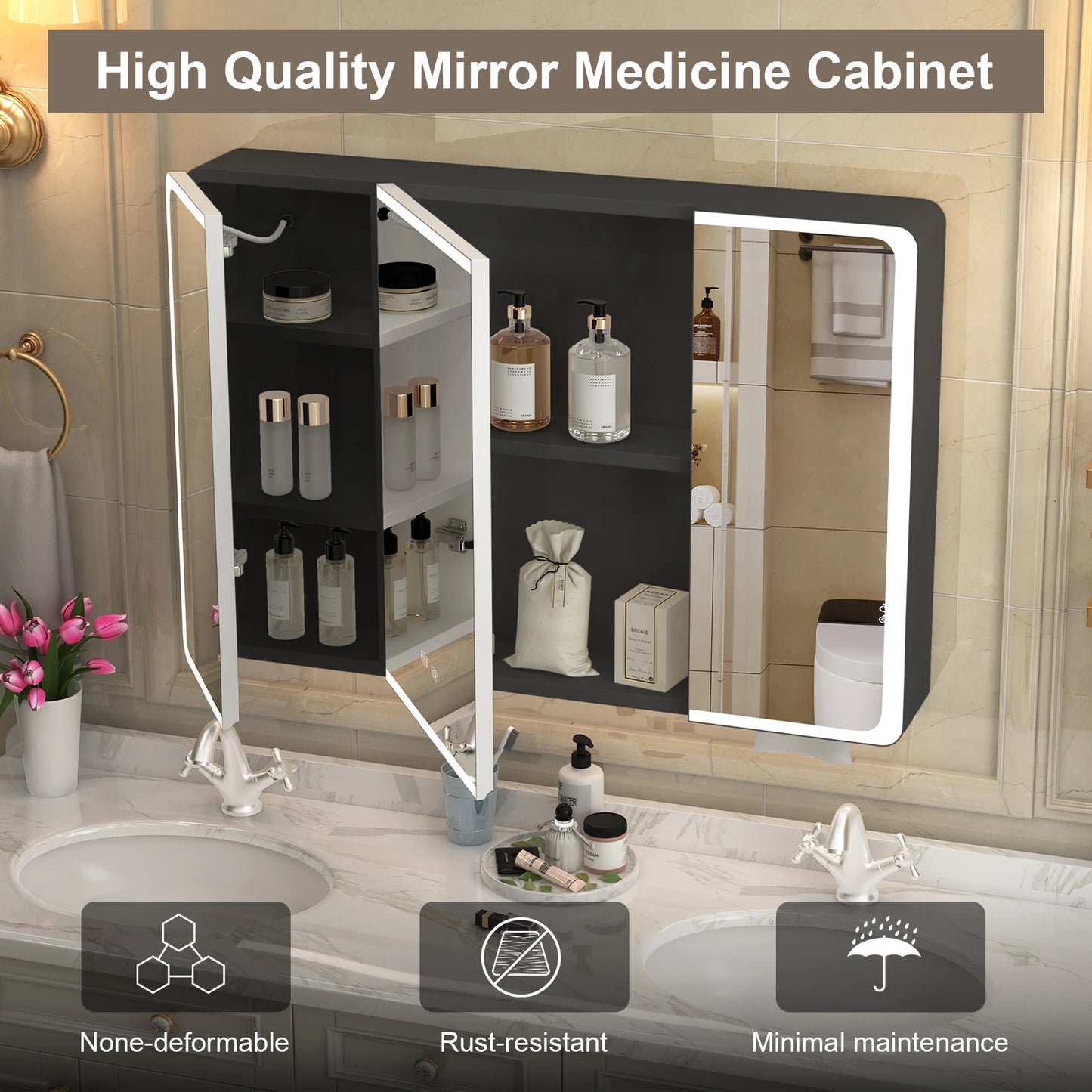 Onesaimei LED Bathroom Mirror Medicine Cabinet With Lights 2 Doors