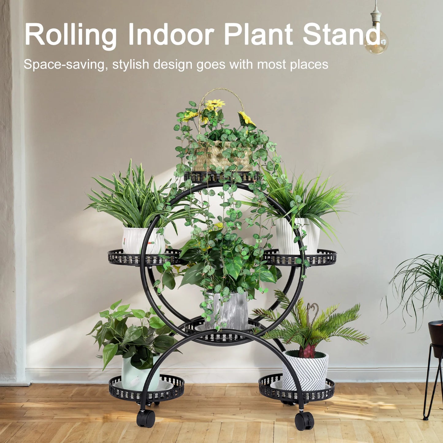 Six Pot Metal Plant Stand Garden Cart With Wheels Patio