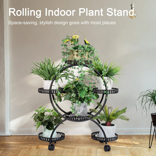 Six Pot Metal Plant Stand Garden Cart With Wheels Patio