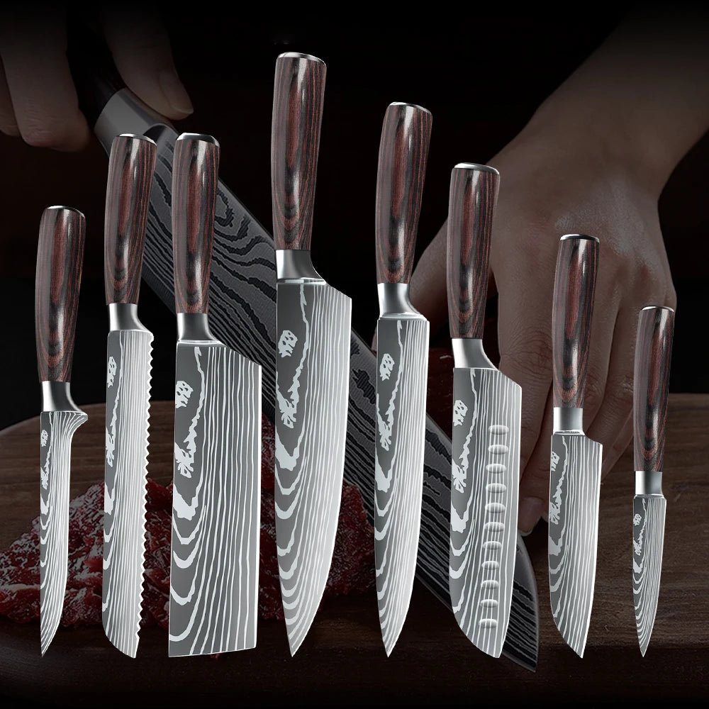 MDHAND 8 Piece Chef Knife Set Stainless Steel Damascus Pattern