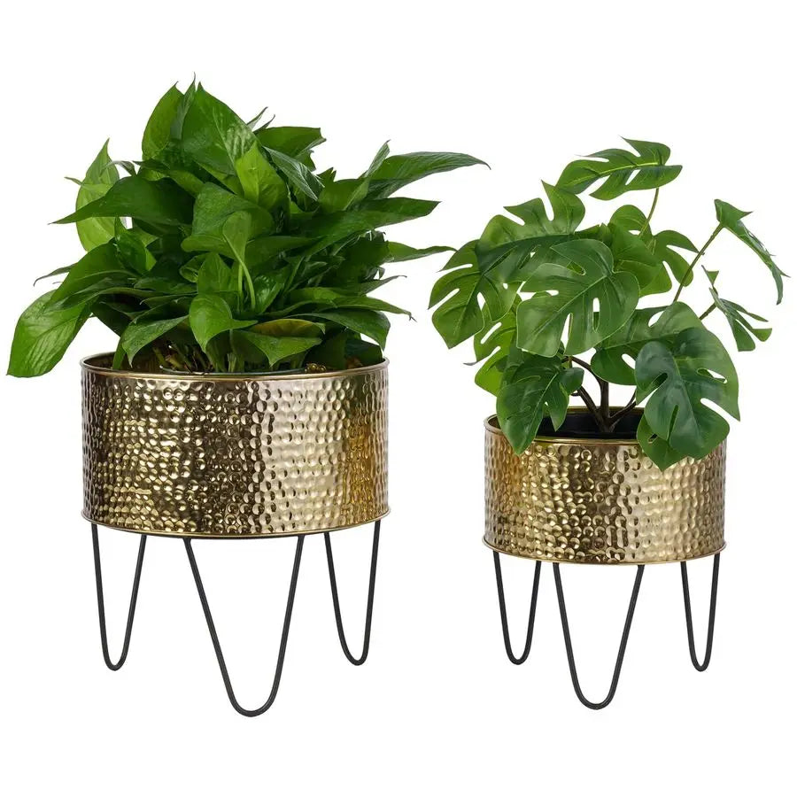 Hammered Metal Planter Pots With Matte Black Wire Stands Two Piece Set