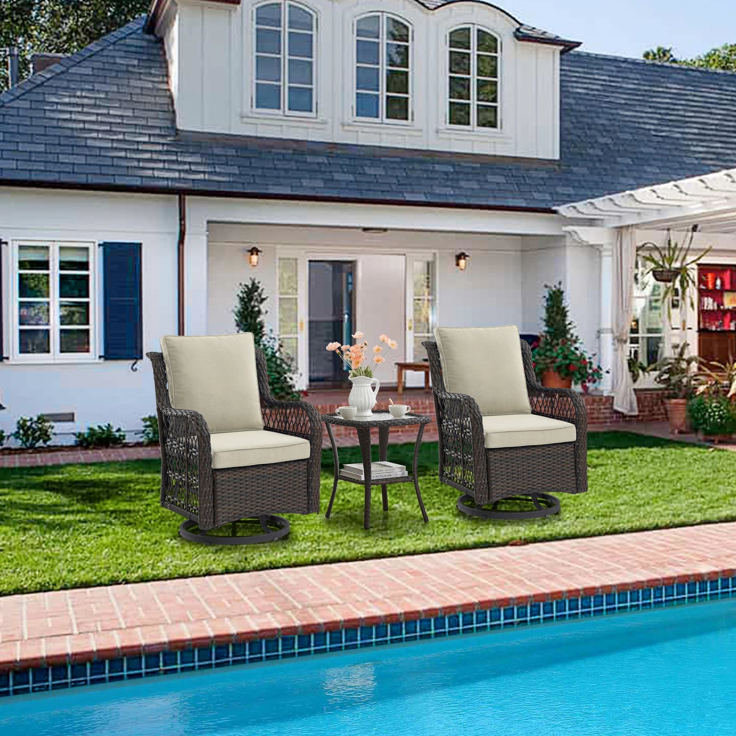 HobbyLane 3 Piece Outdoor Wicker Swivel Chair Set With Rattan Side Table