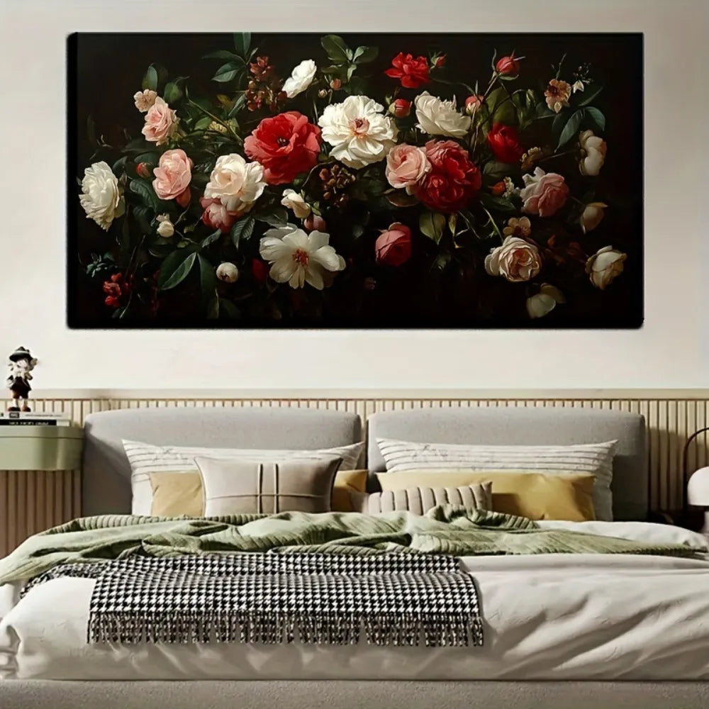 Victorian Floral Canvas Art in Pine Frame for Modern Decor