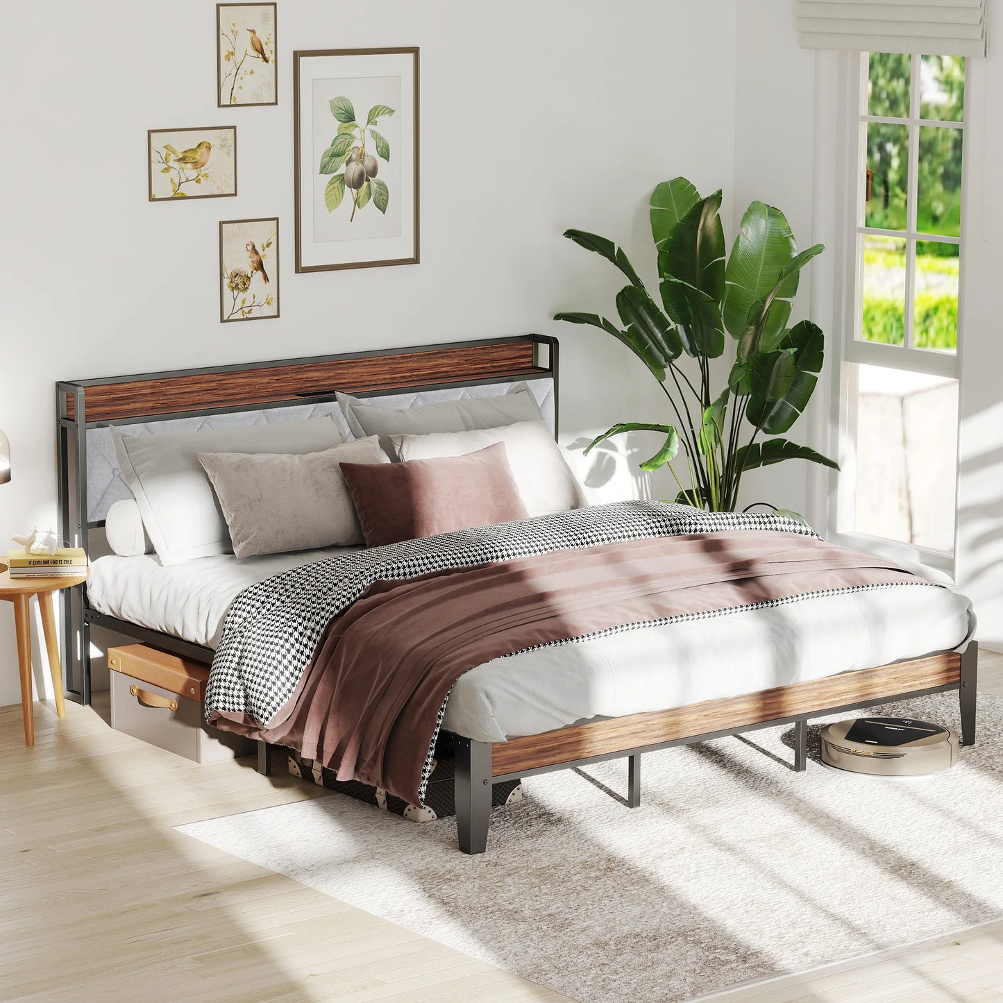 JHK Heavy Duty Metal Bed Frame With Headboard Charging Station 1100lbs Capacity