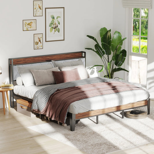 JHK Heavy Duty Metal Bed Frame With Headboard Charging Station 1100lbs Capacity