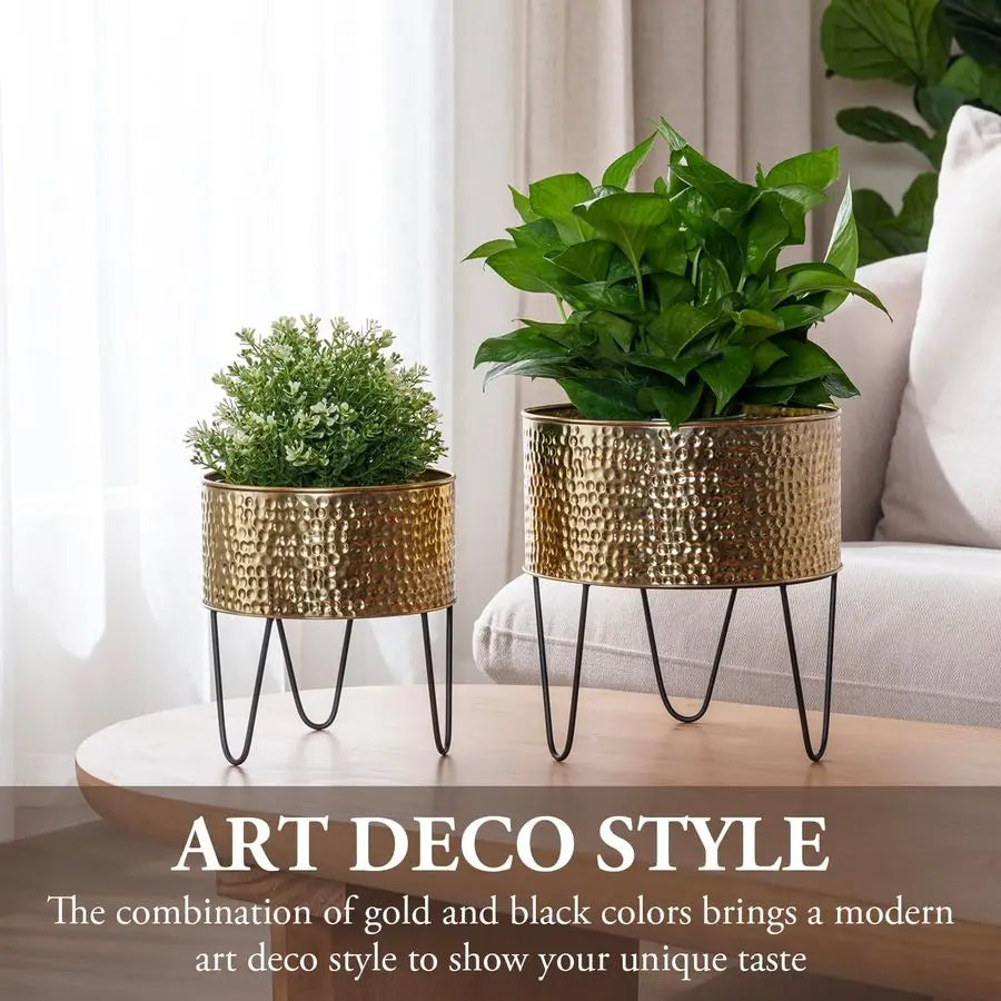 Hammered Metal Planter Pots With Matte Black Wire Stands Two Piece Set