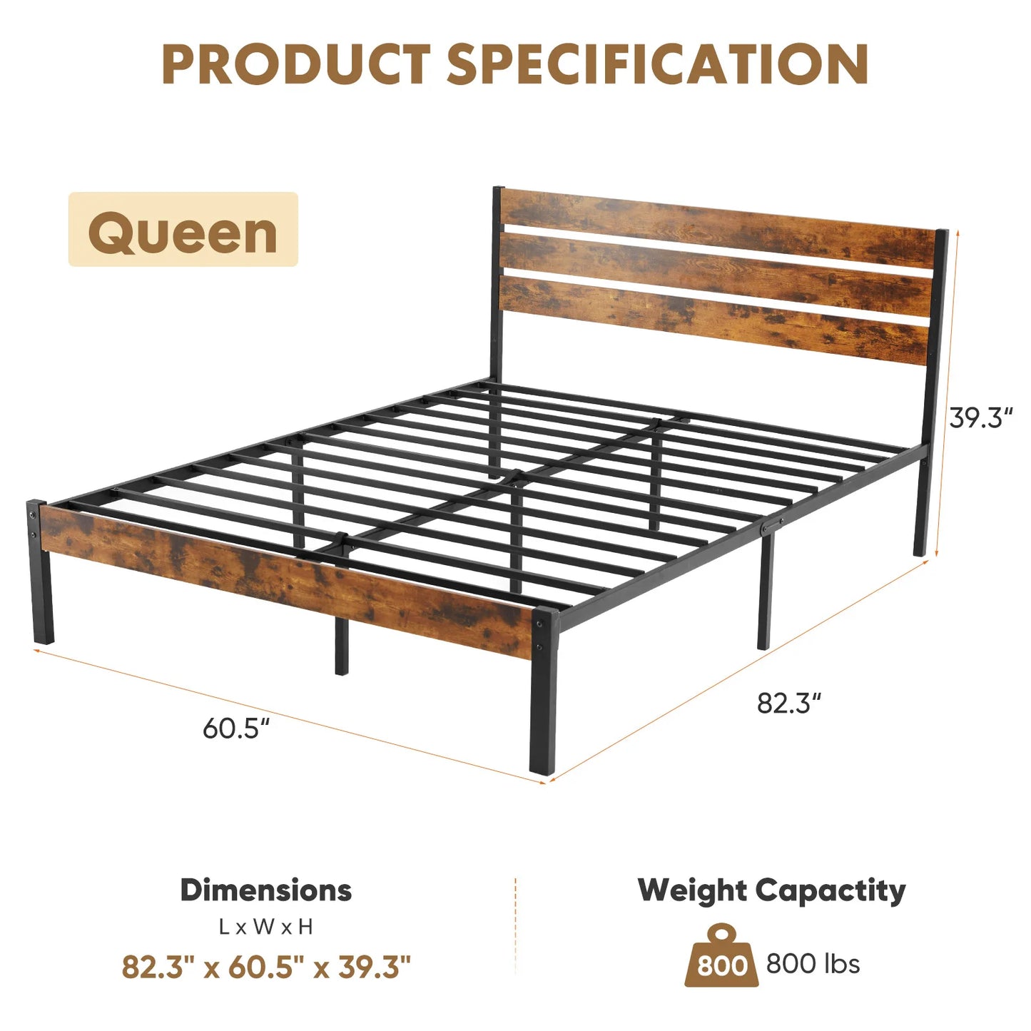 MCQ Wooden Headboard And Metal Bed Frame With Sturdy Slats