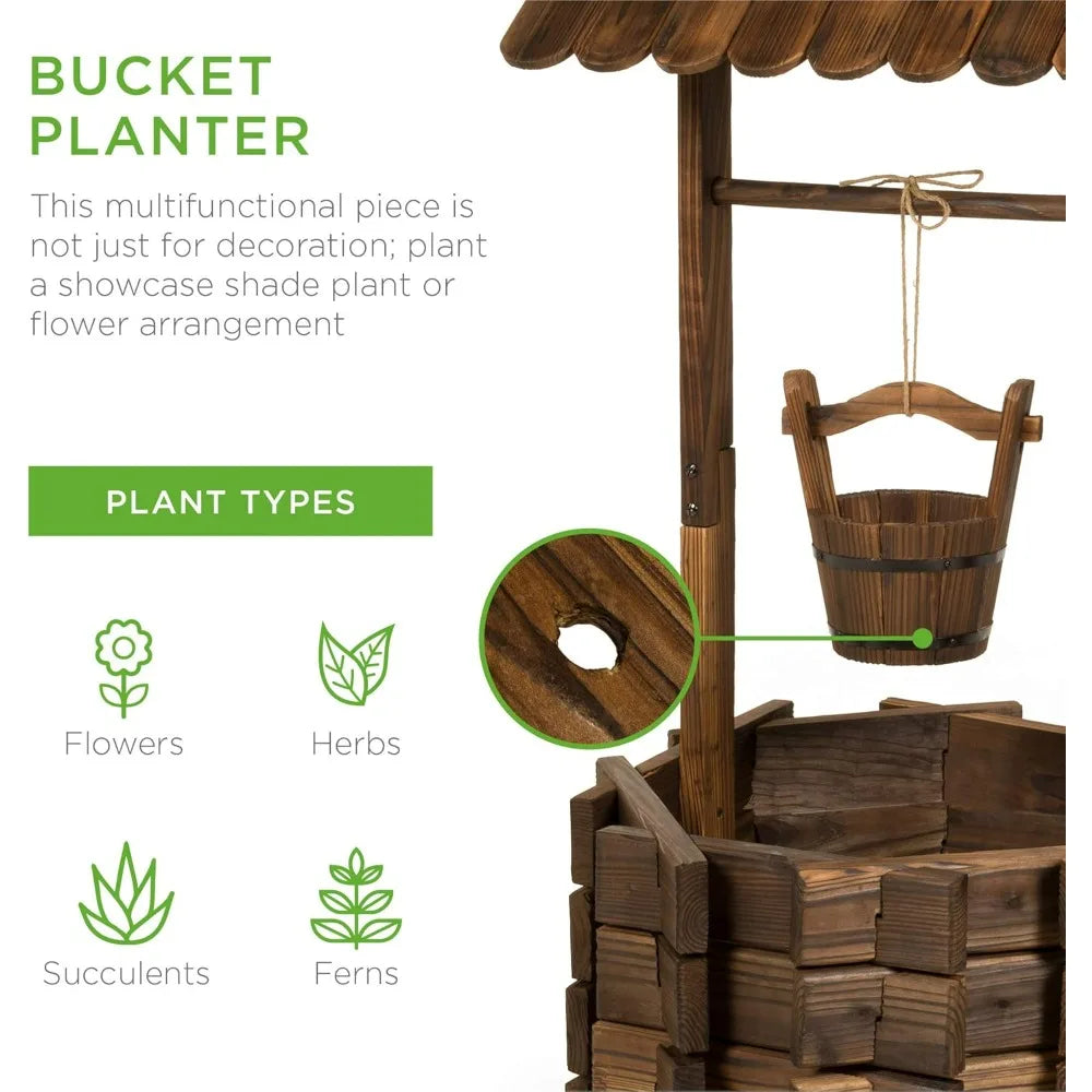 Rustic Wooden Wishing Well Planter for Patio Garden Outdoor Decor
