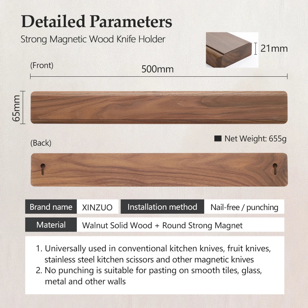 XINZUO Magnetic Knife Holder Walnut Wood Wall Mount