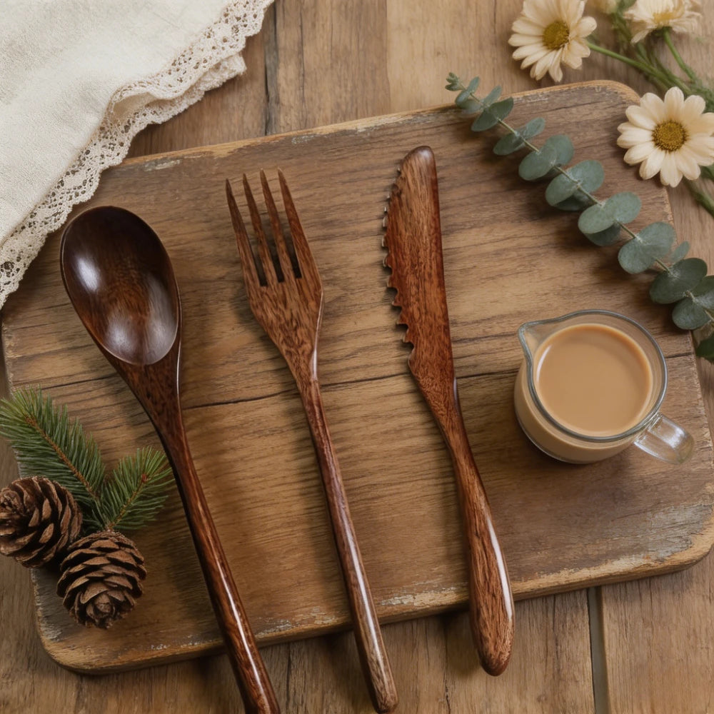 Wooden Utensils Set Spoon Fork Knife Flatware Kitchen Tableware