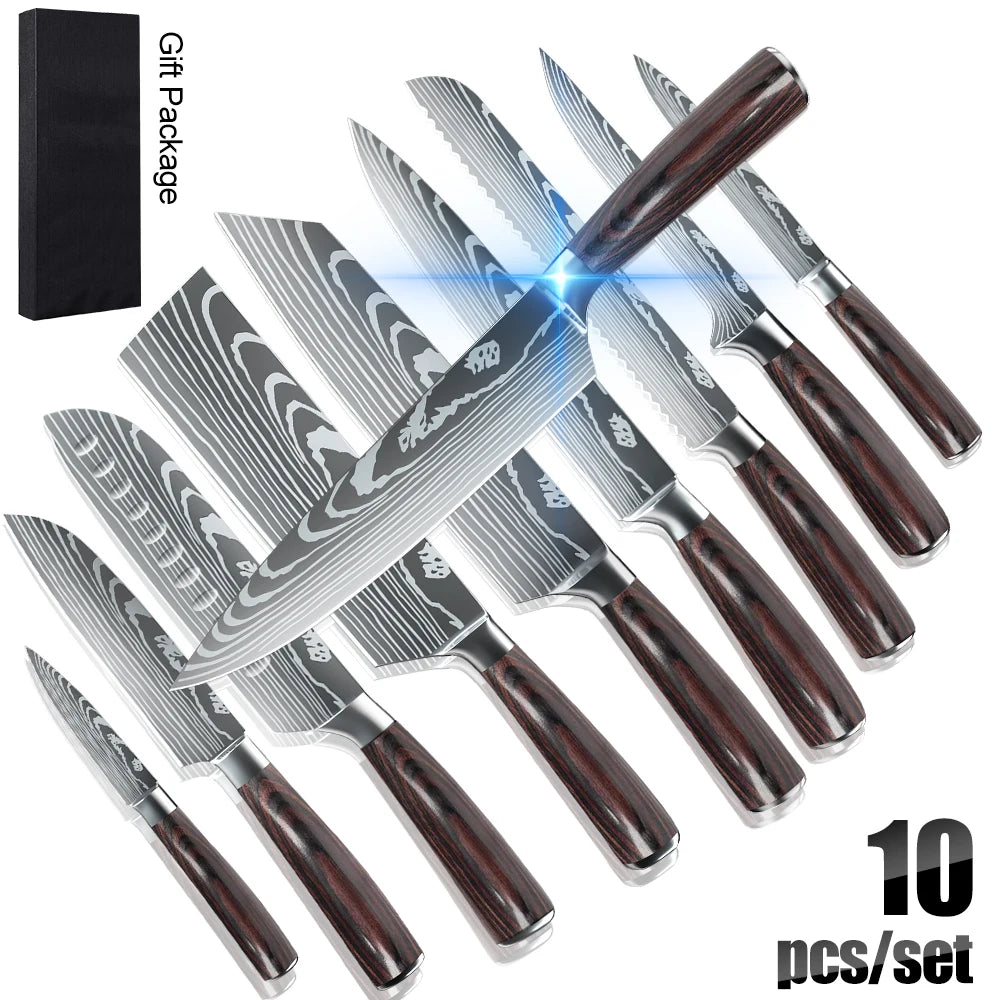 ZENG 10pcs Kitchen Knife Set Laser Damascus Pattern Ultra Sharp