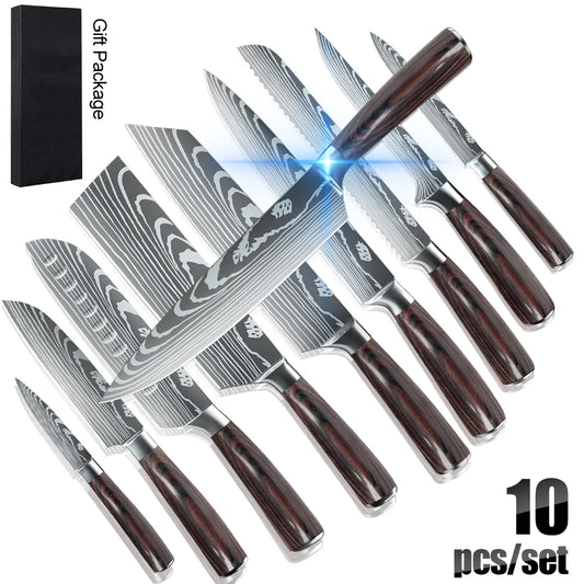 ZENG 10pcs Kitchen Knife Set Laser Damascus Pattern Ultra Sharp