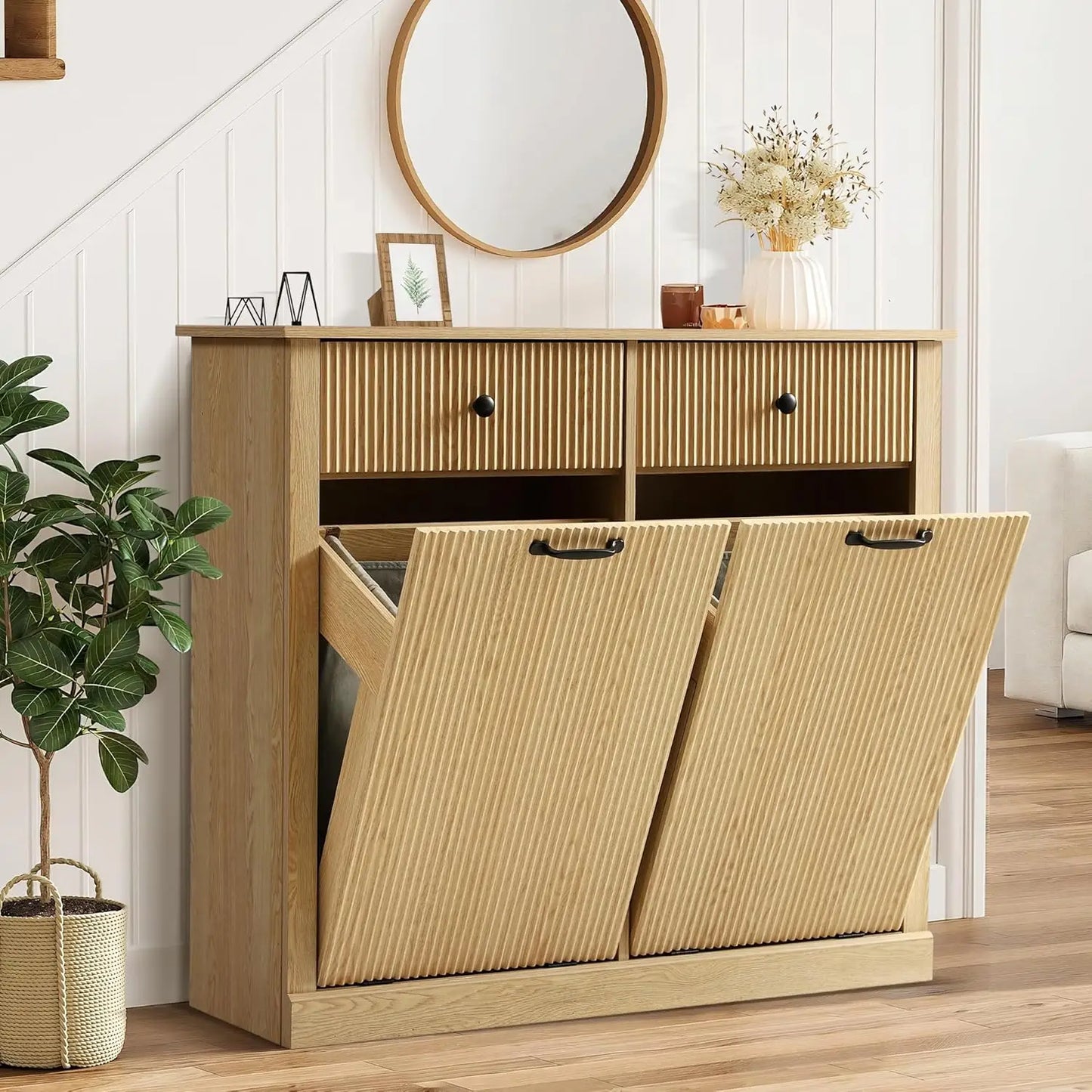 Tilt Out Fluted Laundry Hamper Cabinet Double Hidden Wooden Customized